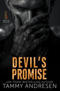 Black and white cover of Devil's Promise by Tammy Andresen, featuring a man with his hand over his mouth, a ring on one of his fingers, and tattoos on his hand.