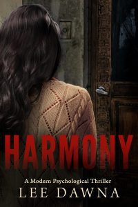Book cover with the title Harmony in capital letters and in red. It shows a brunette facing away, looking at a door and a dirty wall. The subtitle